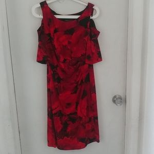 Red Floral Print Cold Shoulder Dress